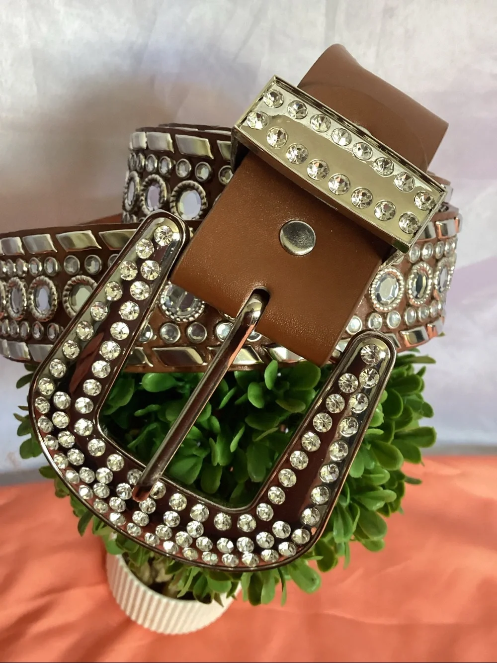Rhinestone Embellished Brown Leather Belt - Women's Accessories